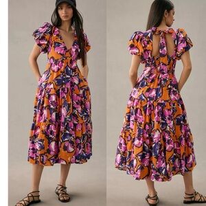 By Anthropologie Puff Sleeve Midi Floral Orange and Purple Dress size S